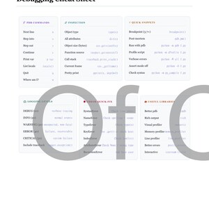 Op de afbeelding: Een debugging cheat sheet met de titel "Debugging Cheat Sheet" en verschillende Python-commando's, inspectietools en snelle snippets. Het is een snelle referentiegids voor Python debugging.