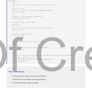 May include: A document headed "Implementation" showing code snippets and bullet points. The code covers setup, connection tests, API key configuration, and client initialisation. Key takeaways include setup functionality, error handling, and code examples.