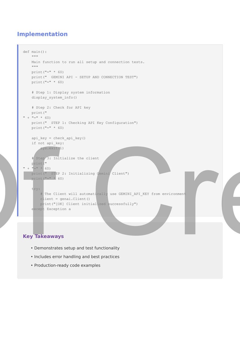 May include: A document headed "Implementation" showing code snippets and bullet points. The code covers setup, connection tests, API key configuration, and client initialisation. Key takeaways include setup functionality, error handling, and code examples.