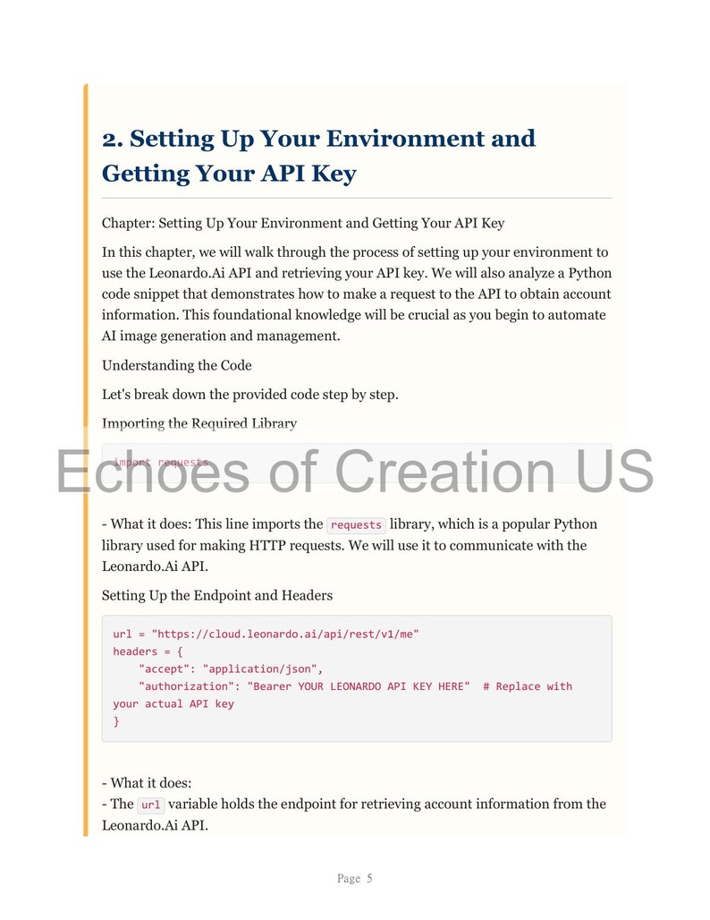 Op de afbeelding: Een pagina uit een gids getiteld "Setting Up Your Environment and Getting Your API Key". De tekst bevat codefragmenten en instructies voor het gebruik van de Leonardo.Ai API. De gids is van "Echoes of Creation US".