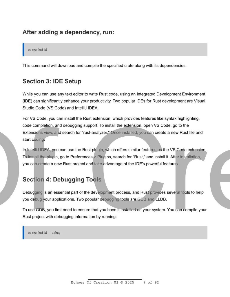 May include: A page from a software development guide. The text includes instructions on setting up an IDE and debugging tools for Rust. Commands like "cargo build" are highlighted in blue boxes. The document is from Echoes Of Creation US, 2025.