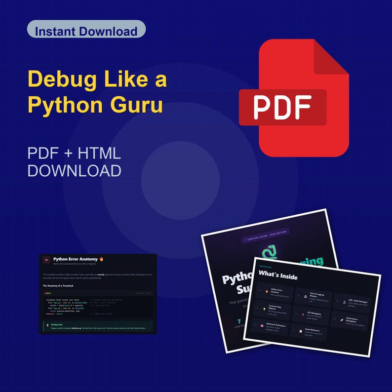 May include: A digital download graphic on a blue background. The text reads "Debug Like a Python Guru" and "PDF + HTML DOWNLOAD". A red PDF icon is in the upper right. Two screenshots of a Python tutorial are also included.