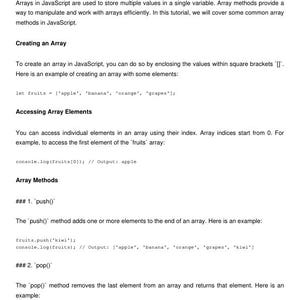 K&ouml;nnte beinhalten: Ein Screenshot eines Computerbildschirms, der ein Codebeispiel f&uuml;r das Erstellen und Bearbeiten von Arrays in JavaScript zeigt. Der Code demonstriert die Verwendung der Methoden 'push()' und 'pop()' zum Hinzuf&uuml;gen und Entfernen von Elementen aus einem Array.