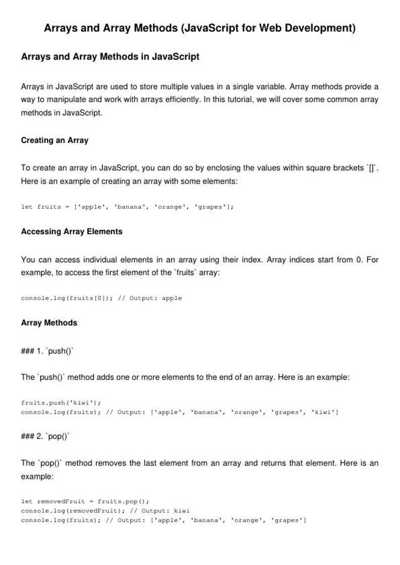 K&ouml;nnte beinhalten: Ein Screenshot eines Computerbildschirms, der ein Codebeispiel f&uuml;r das Erstellen und Bearbeiten von Arrays in JavaScript zeigt. Der Code demonstriert die Verwendung der Methoden 'push()' und 'pop()' zum Hinzuf&uuml;gen und Entfernen von Elementen aus einem Array.