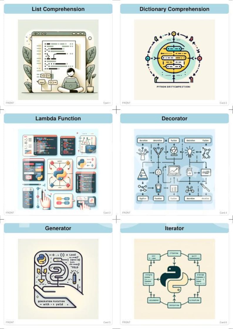 May include: Six illustrated cards displaying programming concepts. The cards show diagrams and text related to List Comprehension, Dictionary Comprehension, Lambda Function, Decorator, Generator, and Iterator. Each card has the word "FRONT" at the bottom.