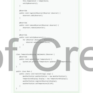 May include: A page from a book on software development, featuring Java code snippets with comments and annotations. The text includes methods like setTemperature and registerObserver. The bottom of the page has a statement about a bug fix and copyright information.