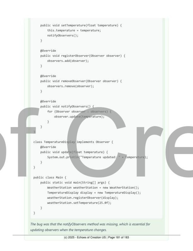 May include: A page from a book on software development, featuring Java code snippets with comments and annotations. The text includes methods like setTemperature and registerObserver. The bottom of the page has a statement about a bug fix and copyright information.