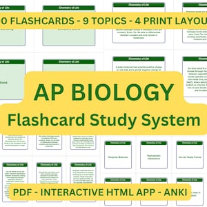 May include: A study aid for AP Biology featuring flashcards. The image displays a grid of flashcards with the text "Chemistry of Life" and "AP Biology Flashcard Study System." The flashcards cover 9 topics and offer 4 print layouts.