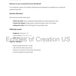 Op de afbeelding: Een witte werkboekpagina met de titel "Instructions" en de tekst "Welcome to your JavaScript Exercises Workbook!". De pagina beschrijft de oefenstructuur, moeilijkheidsgraden en tips voor succes. Het werkboek bevat 50 oefeningen.
