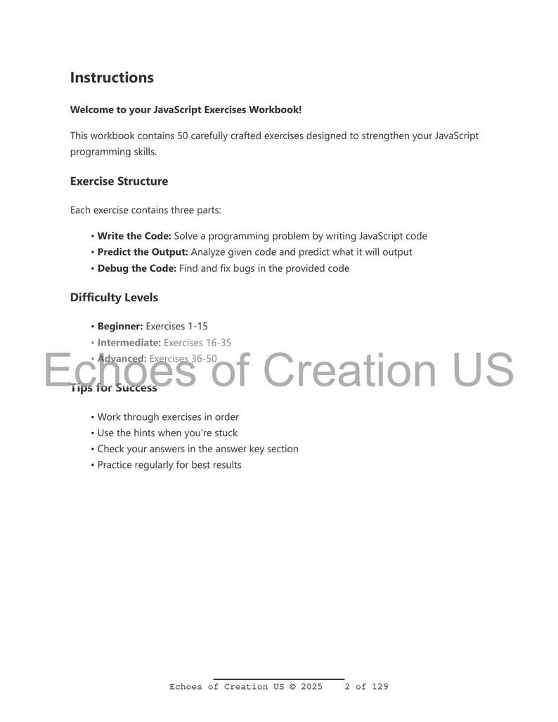 Op de afbeelding: Een witte werkboekpagina met de titel "Instructions" en de tekst "Welcome to your JavaScript Exercises Workbook!". De pagina beschrijft de oefenstructuur, moeilijkheidsgraden en tips voor succes. Het werkboek bevat 50 oefeningen.