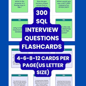Puede incluir: Un conjunto de tarjetas de preguntas de entrevista SQL. Las tarjetas son verdes con texto blanco y el conjunto incluye 300 preguntas. Las tarjetas están diseñadas para imprimirse en papel de tamaño A4, con 4-6-8-12 tarjetas por página.