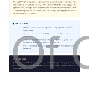 May include: A page from a textbook about Python programming. The page includes sections on real-world examples, key takeaways, and a fun fact about the language's origin. The text is in a sans-serif font.