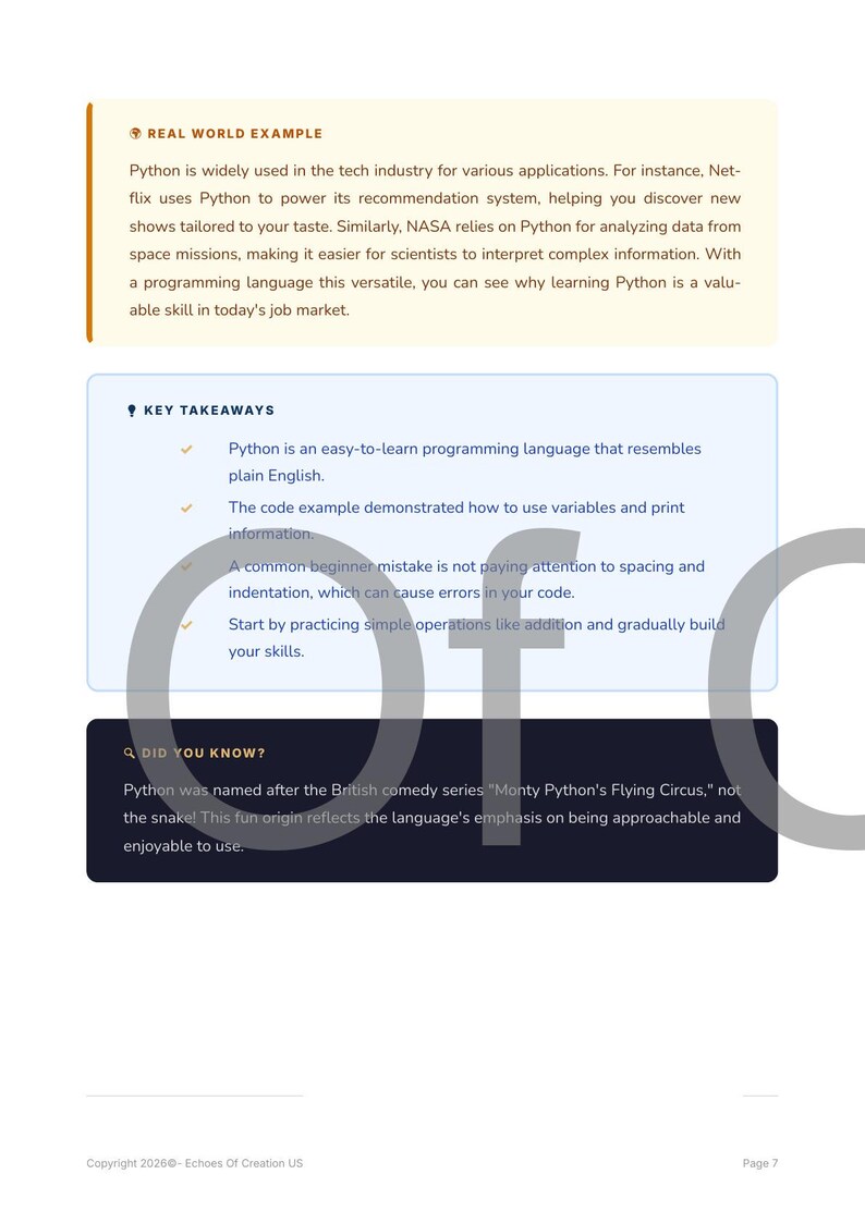 May include: A page from a textbook about Python programming. The page includes sections on real-world examples, key takeaways, and a fun fact about the language's origin. The text is in a sans-serif font.