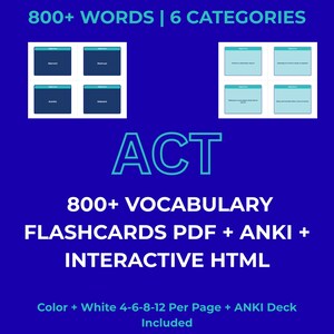 May include: A blue graphic with the text "800+ WORDS | 6 CATEGORIES" at the top. The image includes vocabulary flashcards and the text "ACT 800+ VOCABULARY FLASHCARDS PDF + ANKI + INTERACTIVE HTML".