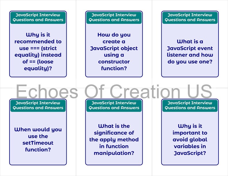 Peut inclure: Six cartes avec des questions et r&eacute;ponses d'entretien JavaScript. Chaque carte a une bordure turquoise et un fond blanc avec du texte noir. Les questions incluent l'&eacute;galit&eacute; stricte, les fonctions constructeurs, les &eacute;couteurs d'&eacute;v&eacute;nements, setTimeout, la m&eacute;thode apply et les variables globales.