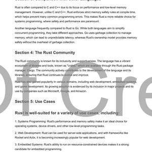 May include: A page from a book titled "Echoes Of Creation US &copy; 2025" with text about the Rust programming language. Sections include comparisons to other languages, the Rust community, and use cases. The page number is 4 of 92.