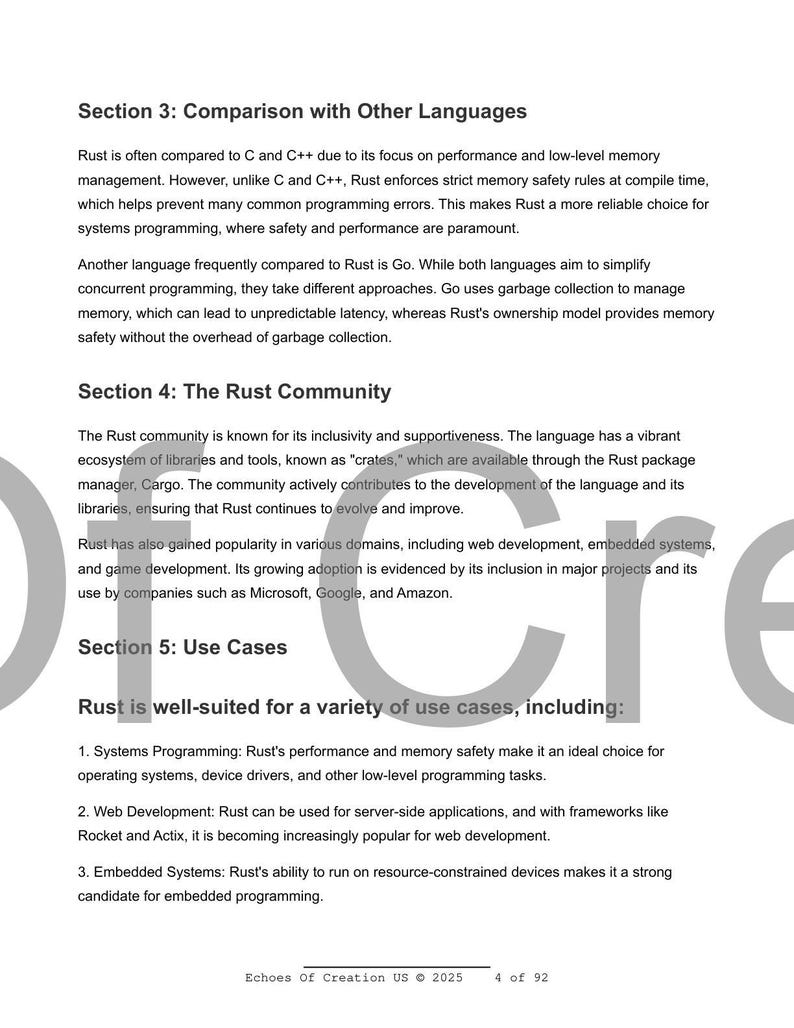 May include: A page from a book titled "Echoes Of Creation US &copy; 2025" with text about the Rust programming language. Sections include comparisons to other languages, the Rust community, and use cases. The page number is 4 of 92.