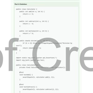 May include: A page from a textbook titled "Exercise 50: Unit Testing with JUnit." The text includes Java code for a calculator class, with methods for addition, subtraction, multiplication, and division. The page number is 182 of 183.