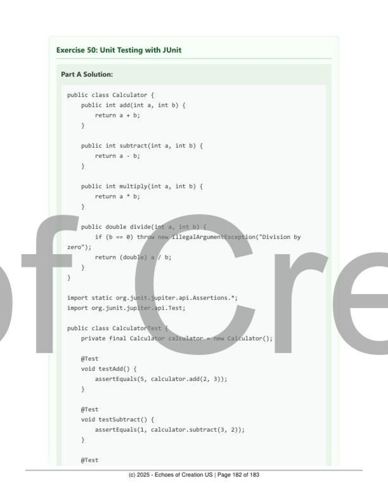May include: A page from a textbook titled "Exercise 50: Unit Testing with JUnit." The text includes Java code for a calculator class, with methods for addition, subtraction, multiplication, and division. The page number is 182 of 183.