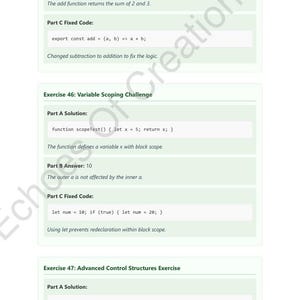 Op de afbeelding: Een pagina uit een leerboek met codefragmenten en oefenoplossingen. De tekst bevat "Onderdeel A Oplossing", "Onderdeel B Antwoord" en "Onderdeel C Vaste Code". De pagina is van "Echoes of Creation US &copy; 2025".