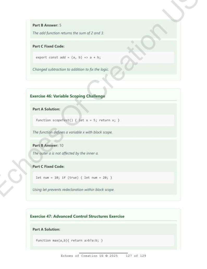 Op de afbeelding: Een pagina uit een leerboek met codefragmenten en oefenoplossingen. De tekst bevat "Onderdeel A Oplossing", "Onderdeel B Antwoord" en "Onderdeel C Vaste Code". De pagina is van "Echoes of Creation US &copy; 2025".