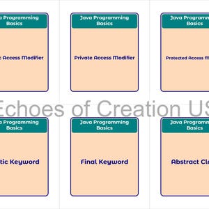 May include: Six flashcards with teal headers and text on a light peach background. The cards are labeled "Java Programming Basics" and feature terms like "Public Access Modifier" and "Static Keyword". The text "Echoes of Creation US" is below the cards.