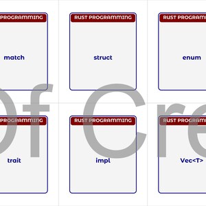 May include: Six white rectangular cards with blue borders and the text "RUST PROGRAMMING" at the top. The cards display the words "match", "struct", "enum", "trait", "impl", and "Vec<T>" in a sans-serif font.