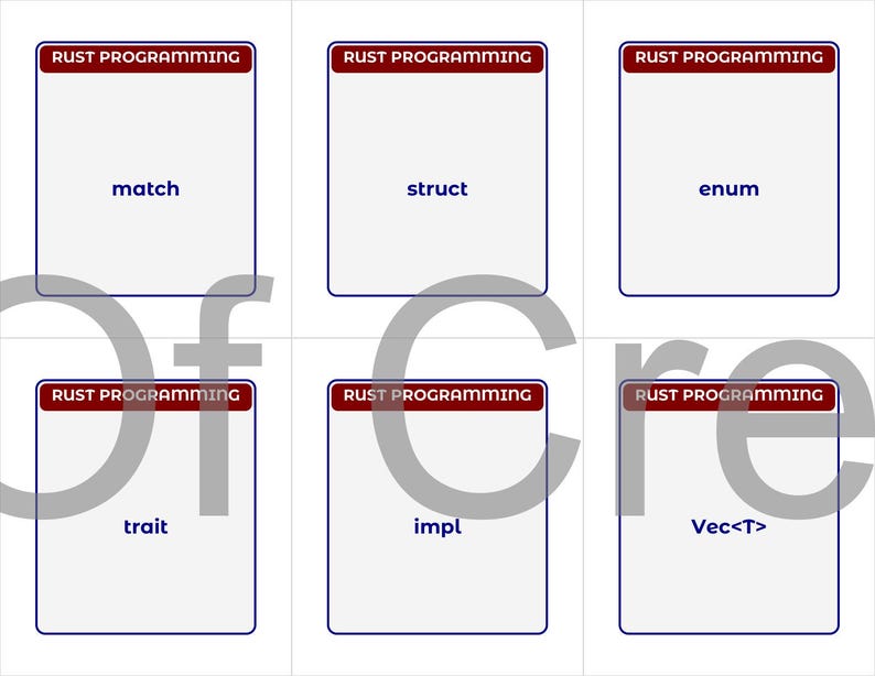 May include: Six white rectangular cards with blue borders and the text "RUST PROGRAMMING" at the top. The cards display the words "match", "struct", "enum", "trait", "impl", and "Vec<T>" in a sans-serif font.