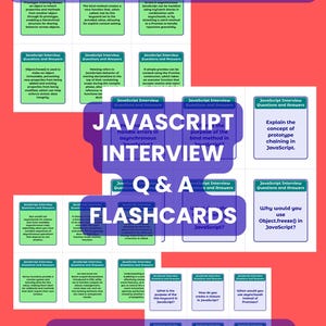 Könnte beinhalten: Digitaler Download von JavaScript-Interview-Karteikarten. Das Design zeigt einen roten und lila Hintergrund mit grünen und blauen rechteckigen Karten mit Fragen und Antworten. Der Text enthält "SOFORTIGER PDF-DOWNLOAD" und "4-6-8-12 PRO SEITE."