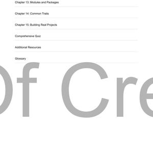 May include: A white page featuring a list of chapter headings and resources. The headings include "Modules and Packages," "Common Traits," and "Building Real Projects." Large grey letters spell "Of Cre" at the bottom. The text "Echoes Of Creation US &copy; 2025" is also visible.
