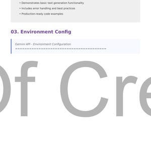 May include: A white background with text in a dark purple font. The text includes "Key Takeaways" and bullet points describing text generation functionality, error handling, and code examples. The text "03. Environment Config" is also visible.