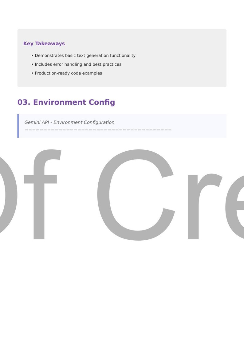May include: A white background with text in a dark purple font. The text includes "Key Takeaways" and bullet points describing text generation functionality, error handling, and code examples. The text "03. Environment Config" is also visible.