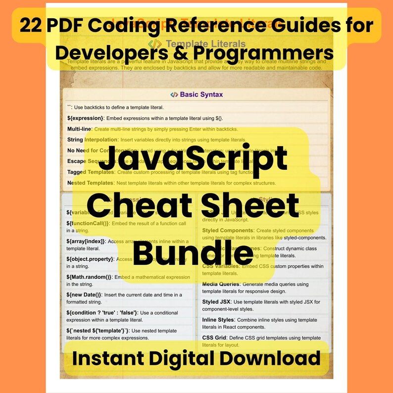 JavaScript-Spickzettel-Paket – 22 PDF-Codierungsleitfäden für Entwickler und Programmierer | Digitaler Download Bild 1