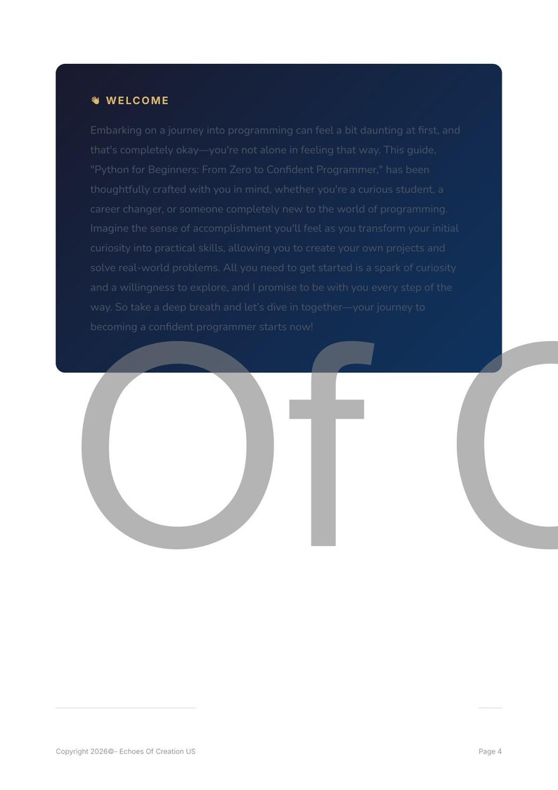 May include: A dark blue rectangular graphic with the word "WELCOME" at the top. The text describes a guide for learning Python programming, encouraging beginners to start their journey. The text is in white.