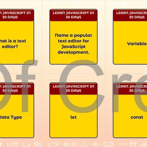 Może przedstawiać: Zestaw ż&oacute;łtych fiszek z czerwonymi obramowaniami, każda z tekstem związanym z JavaScript. Karty zawierają pytania i terminy takie jak "Co to jest edytor tekstu?" i "Zmienna."