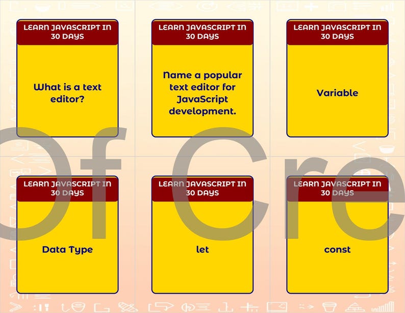 Może przedstawiać: Zestaw ż&oacute;łtych fiszek z czerwonymi obramowaniami, każda z tekstem związanym z JavaScript. Karty zawierają pytania i terminy takie jak "Co to jest edytor tekstu?" i "Zmienna."