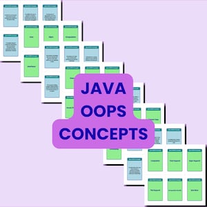 May include: A stack of flashcards with the text "FLASHCARDS" at the top and "4 PRINT OPTIONS" at the bottom. The flashcards are for Java OOPS Concepts, with key terms like "Class" and "Inheritance".