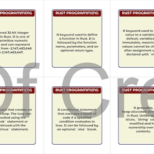 May include: Six flashcards labelled "RUST PROGRAMMING". Each card provides a concise definition of a Rust programming concept, including integer types, function definitions, and variable binding.