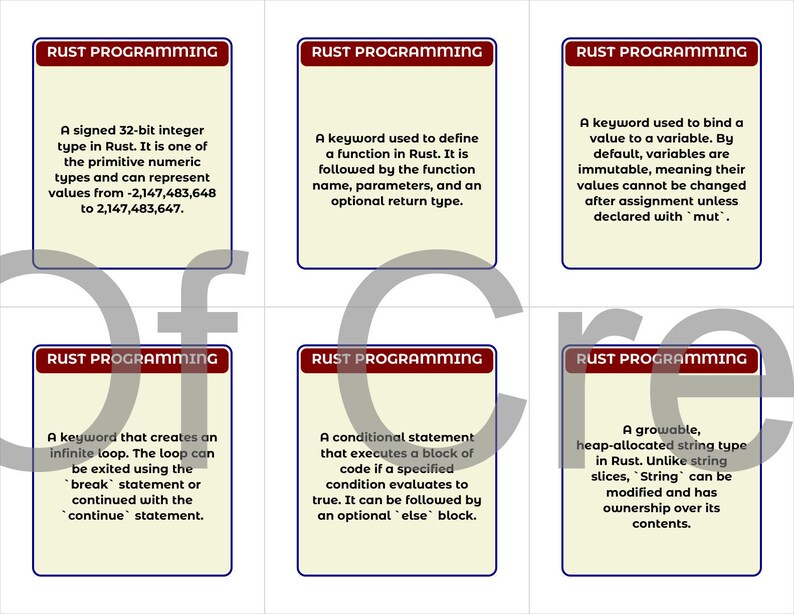 May include: Six flashcards labelled "RUST PROGRAMMING". Each card provides a concise definition of a Rust programming concept, including integer types, function definitions, and variable binding.