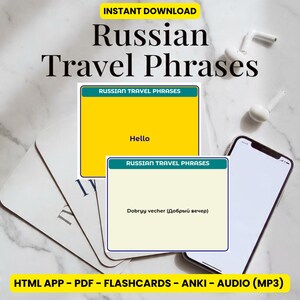 Zestaw fiszek do języka rosyjskiego | Zwroty podróżnicze | Aplikacja HTML - Dźwięk MP3 - Fiszki PDF do druku - Anki Deck
