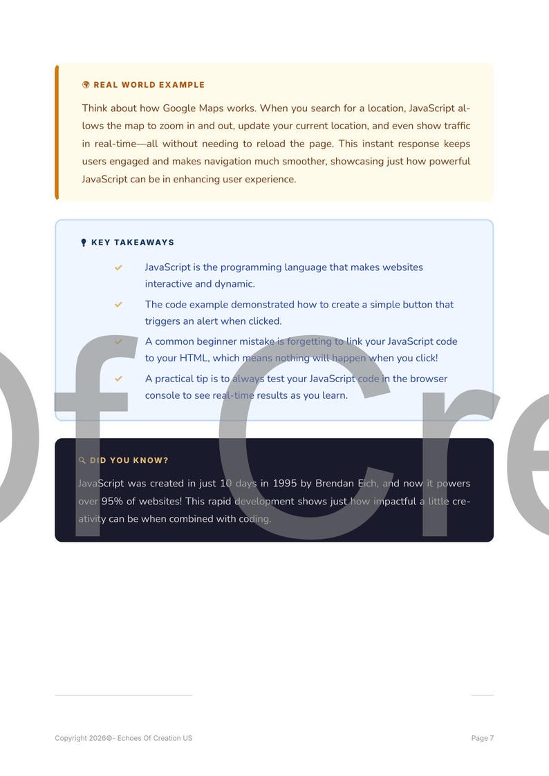 May include: A page from a book detailing JavaScript, with sections on Google Maps and key takeaways about the language. The text is in a white and blue colour scheme. The page number is 7.