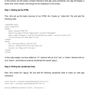 K&ouml;nnte beinhalten: Ein Code-Snippet, das den HTML- und JavaScript-Code f&uuml;r eine einfache interaktive Webanwendung zeigt. Der Code erstellt einen Button, der den auf dem Bildschirm angezeigten Text beim Klicken &auml;ndert. Der Code enth&auml;lt ein h1-Element mit dem Text "Hello, World!" und ein Button-Element mit dem Text "Click me!"