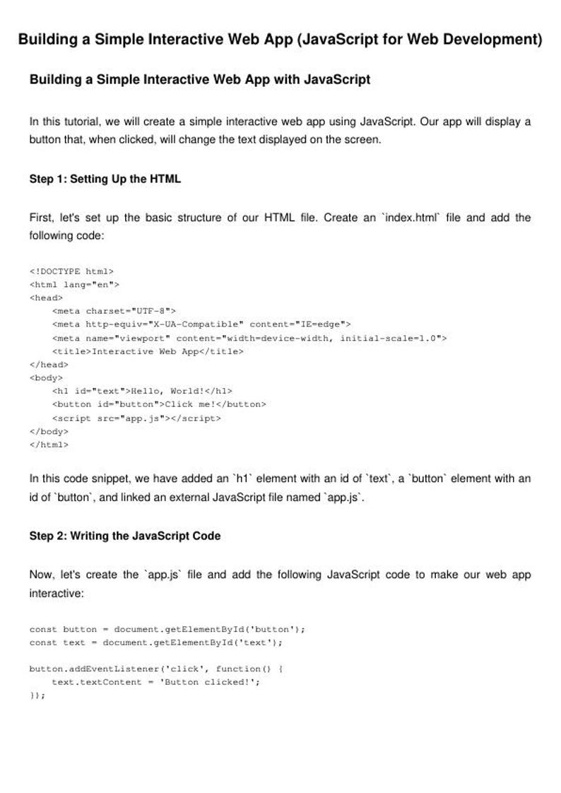 K&ouml;nnte beinhalten: Ein Code-Snippet, das den HTML- und JavaScript-Code f&uuml;r eine einfache interaktive Webanwendung zeigt. Der Code erstellt einen Button, der den auf dem Bildschirm angezeigten Text beim Klicken &auml;ndert. Der Code enth&auml;lt ein h1-Element mit dem Text "Hello, World!" und ein Button-Element mit dem Text "Click me!"