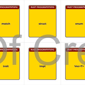 May include: Six yellow flashcards with the text "RUST PROGRAMMING" at the top. The cards display the words "match", "struct", "enum", "trait", "impl", and "Vec<T>". The cards are arranged in two rows of three.