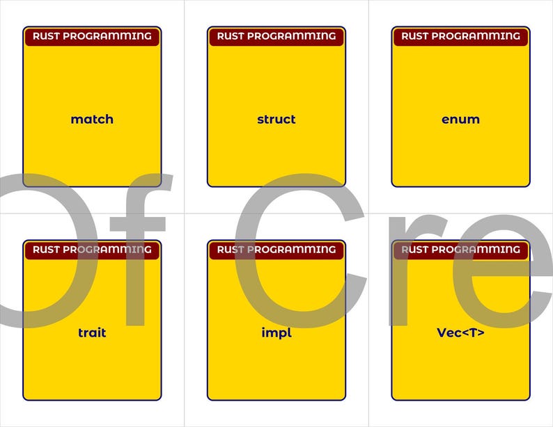 May include: Six yellow flashcards with the text "RUST PROGRAMMING" at the top. The cards display the words "match", "struct", "enum", "trait", "impl", and "Vec<T>". The cards are arranged in two rows of three.