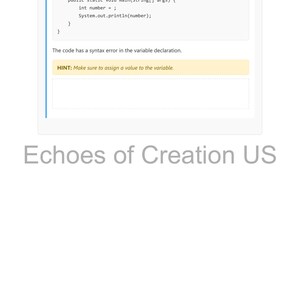 May include: A white page with a code snippet in a programming language. The code has a syntax error, with a hint to assign a value to the variable. The text "Echoes of Creation US" is at the bottom.