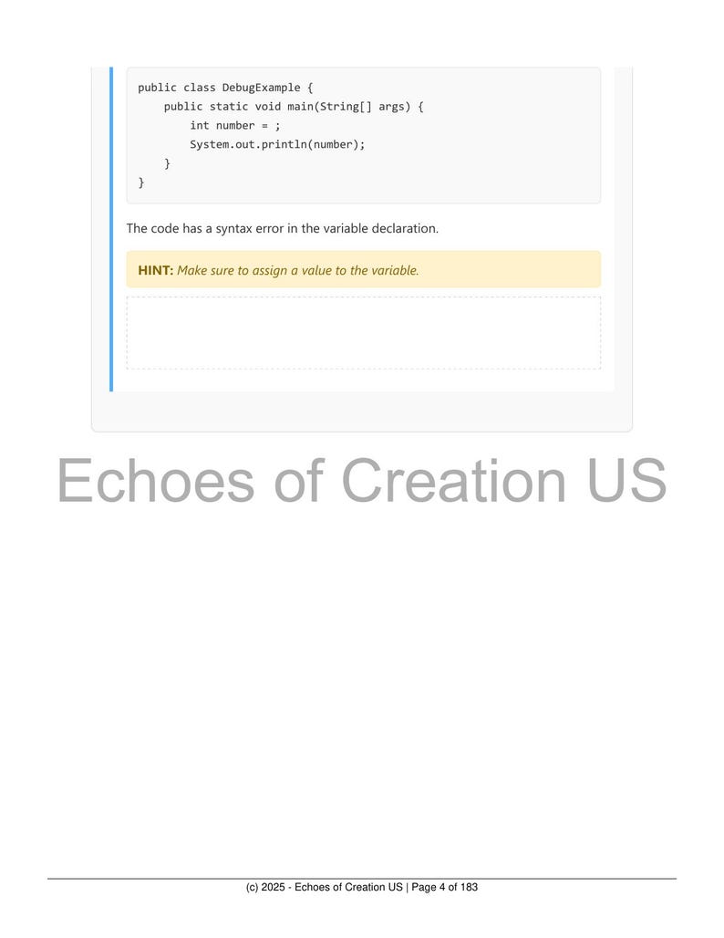 May include: A white page with a code snippet in a programming language. The code has a syntax error, with a hint to assign a value to the variable. The text "Echoes of Creation US" is at the bottom.