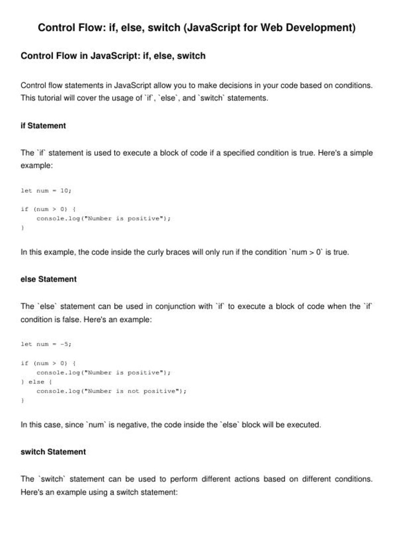 K&ouml;nnte beinhalten: Ein Code-Snippet, das demonstriert, wie man 'if', 'else' und 'switch'-Anweisungen in JavaScript verwendet. Der Code zeigt, wie man &uuml;berpr&uuml;ft, ob eine Zahl positiv oder negativ ist, und wie man eine 'switch'-Anweisung verwendet, um verschiedene Aktionen basierend auf dem Wert einer Variablen auszuf&uuml;hren.