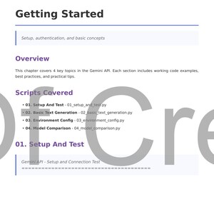 May include: A white document with the title "Getting Started" and the number "01" in the upper left corner. The document outlines setup, authentication, and basic concepts, with a section on scripts covered.