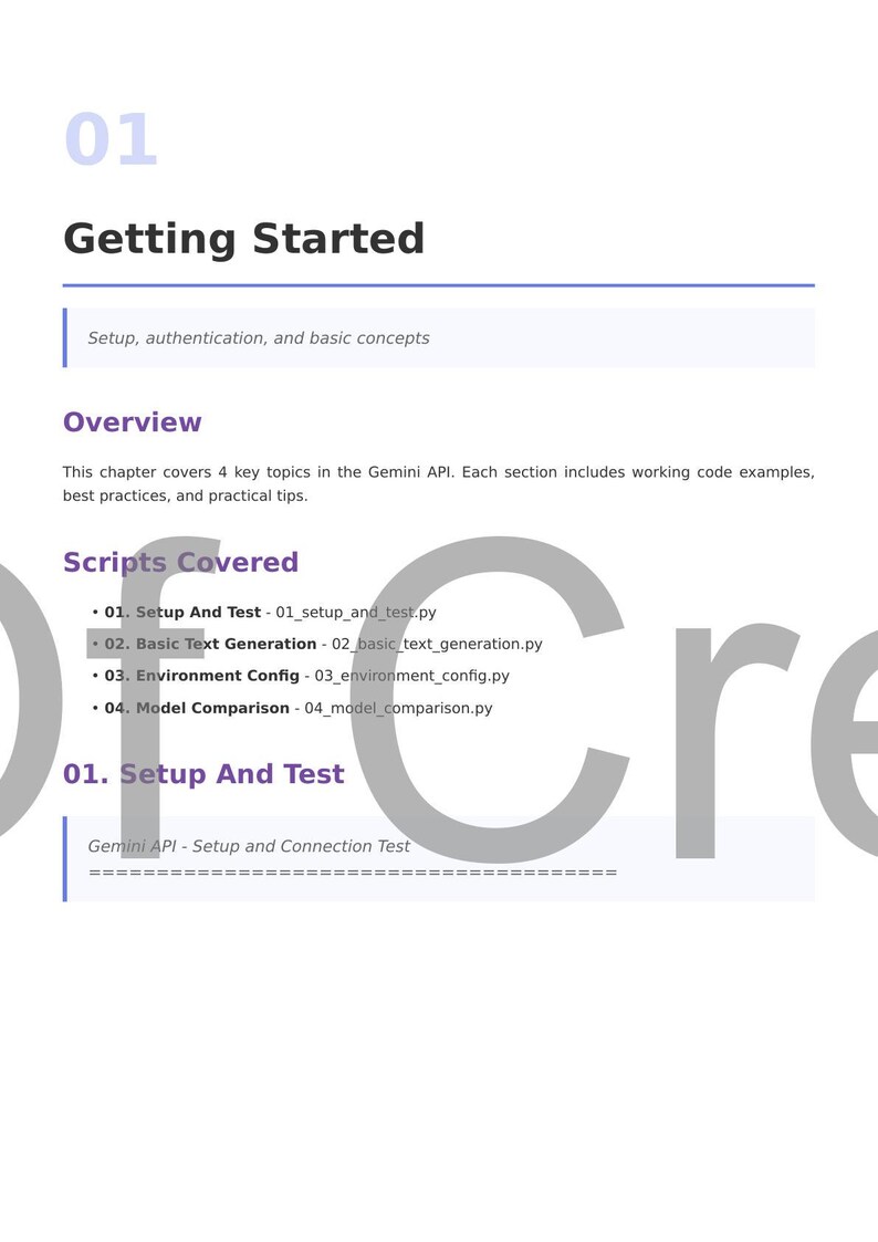 May include: A white document with the title "Getting Started" and the number "01" in the upper left corner. The document outlines setup, authentication, and basic concepts, with a section on scripts covered.